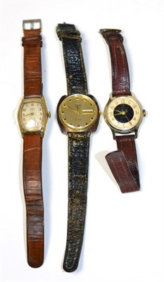 Lot 241 - A gents gilt metal wristwatch signed Omega De Ville, with day/date aperture together with an...