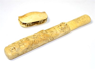 Lot 245 - A 19th century oriental ivory carving together with a Japanese Meiji period carved ivory needle...