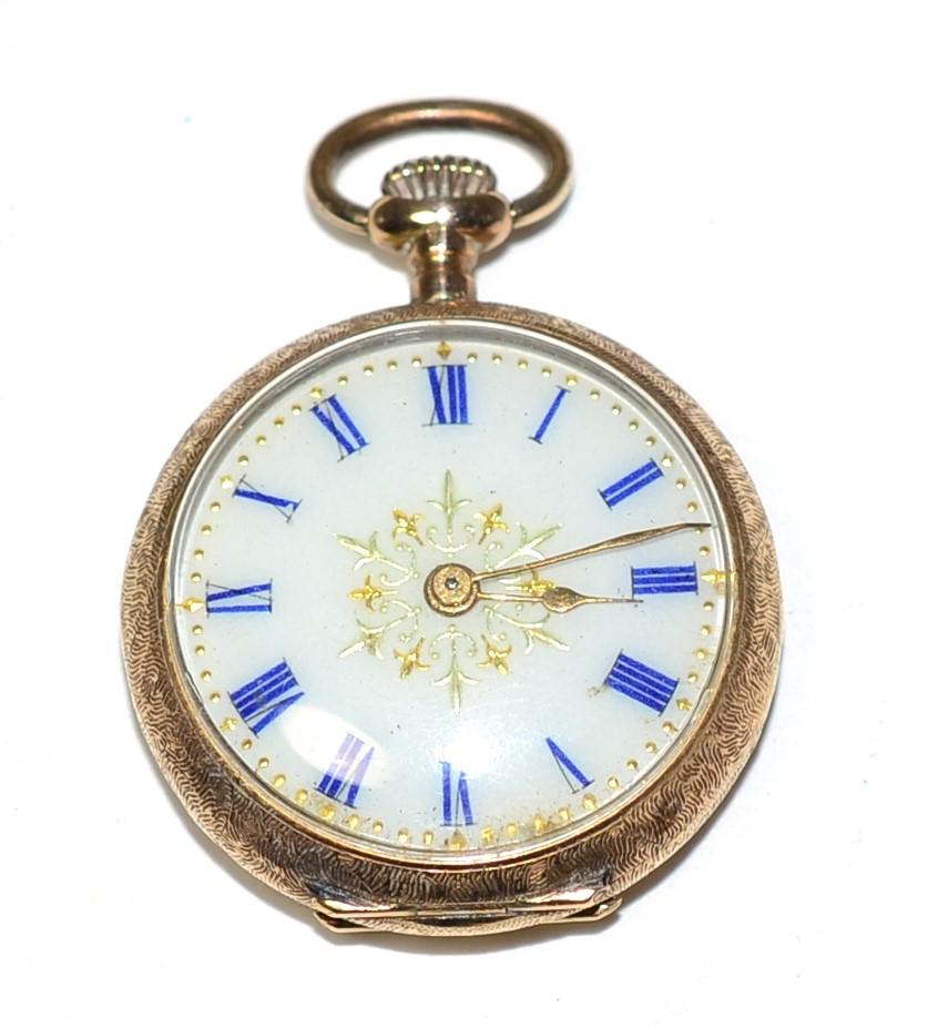 Lot 250 - A Continental yellow metal fob watch with enamel decoration, the case stamped 14K