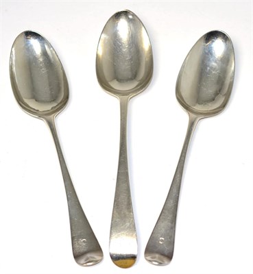 Lot 253 - Two George III silver shell back Hanoverian table spoons, Henry Brind, London date indistinct;...