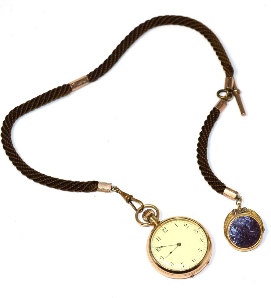 Lot 262 - A gold plated top wind pocket watch with woven hair Albert; a bloodstone and cornelian swivel...