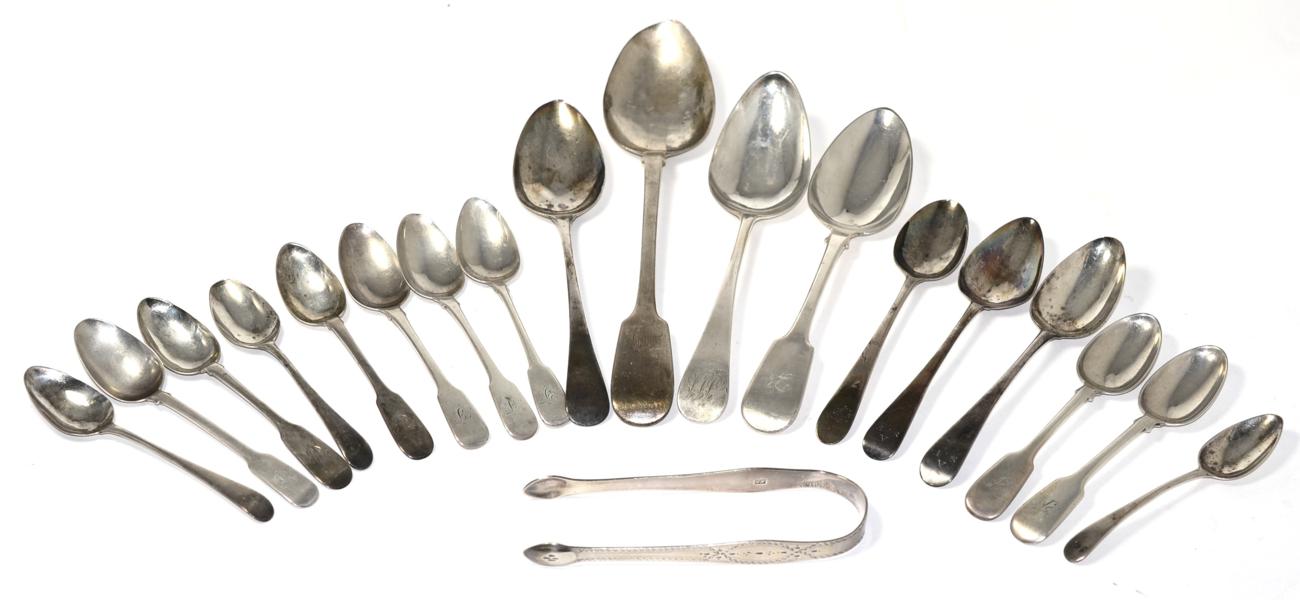 Lot 269 - A group of George III and later silver flatware, including table spooons; fiddle pattern tea spoons