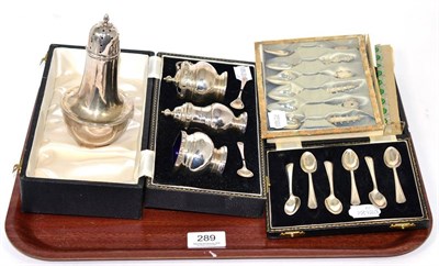 Lot 289 - A silver three piece condiment set with celtic knot borders, Adie Bros, Birmingham 1958, fitted...