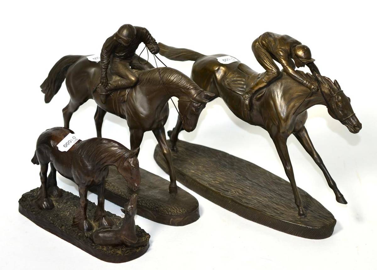 Lot 325 - Two resin horse and jockey figures together with a similar horse and foal model