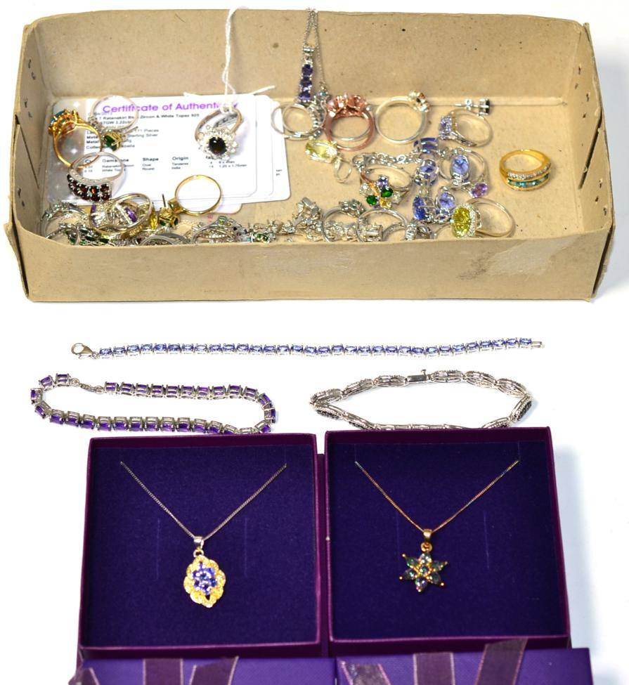 Lot 351 - A quantity of silver gem set jewellery, including a tanzanite line bracelet, length 19cm; an...