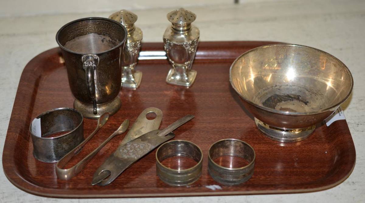 Lot 352 - Miscellaneous silver including a pair of pepperettes, mug, bowl etc (9)