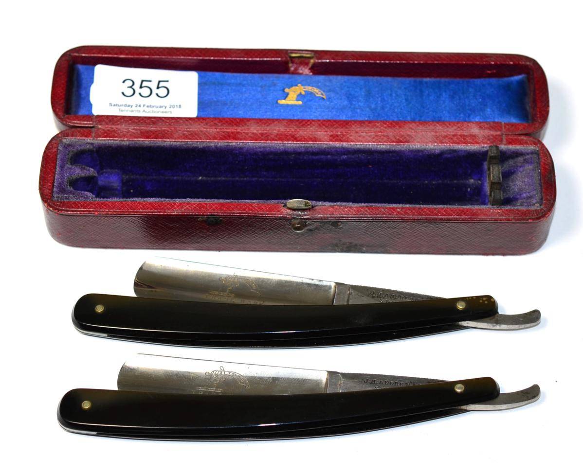 Lot 355 - A pair of J.H. Andrew &amp; Co., Sheffield cut-throat razors with horn handles, each numbered...