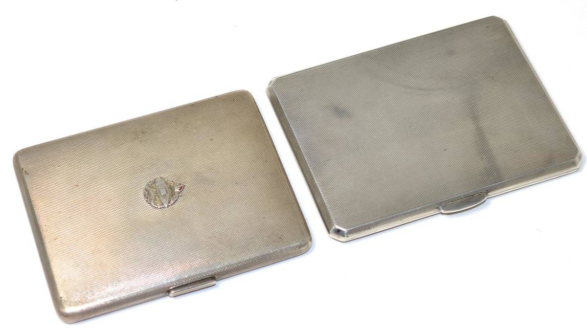 Lot 357 - An engine turned silver cigarette case with Royal Tank Corps badge, London 1938; and another engine