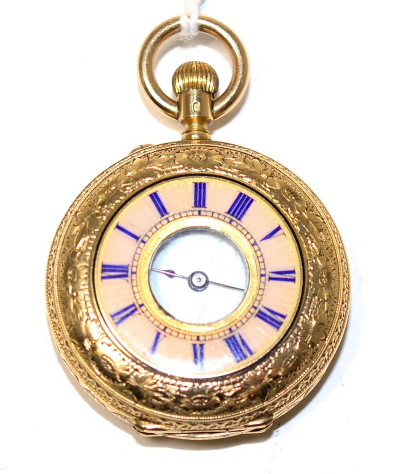 Lot 366 - A Continental enamel decorated yellow metal ladies half hunter fob watch, the case stamped K18