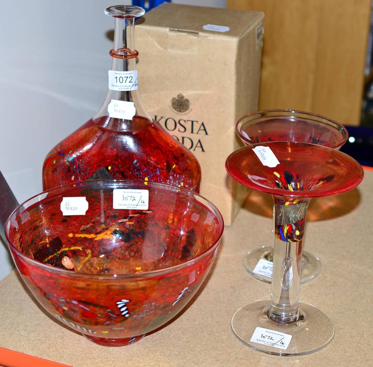 Lot 1072 - A Swedish Kosta Boda Glass Satellite Bottle, red colour way, labelled, etched Kosta Boda/ B...
