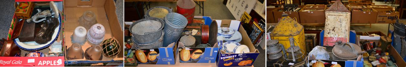 Lot 1193 - Various galvanized pails, collectable vintage tins, painted Shell tractor oil tins, ceramics...
