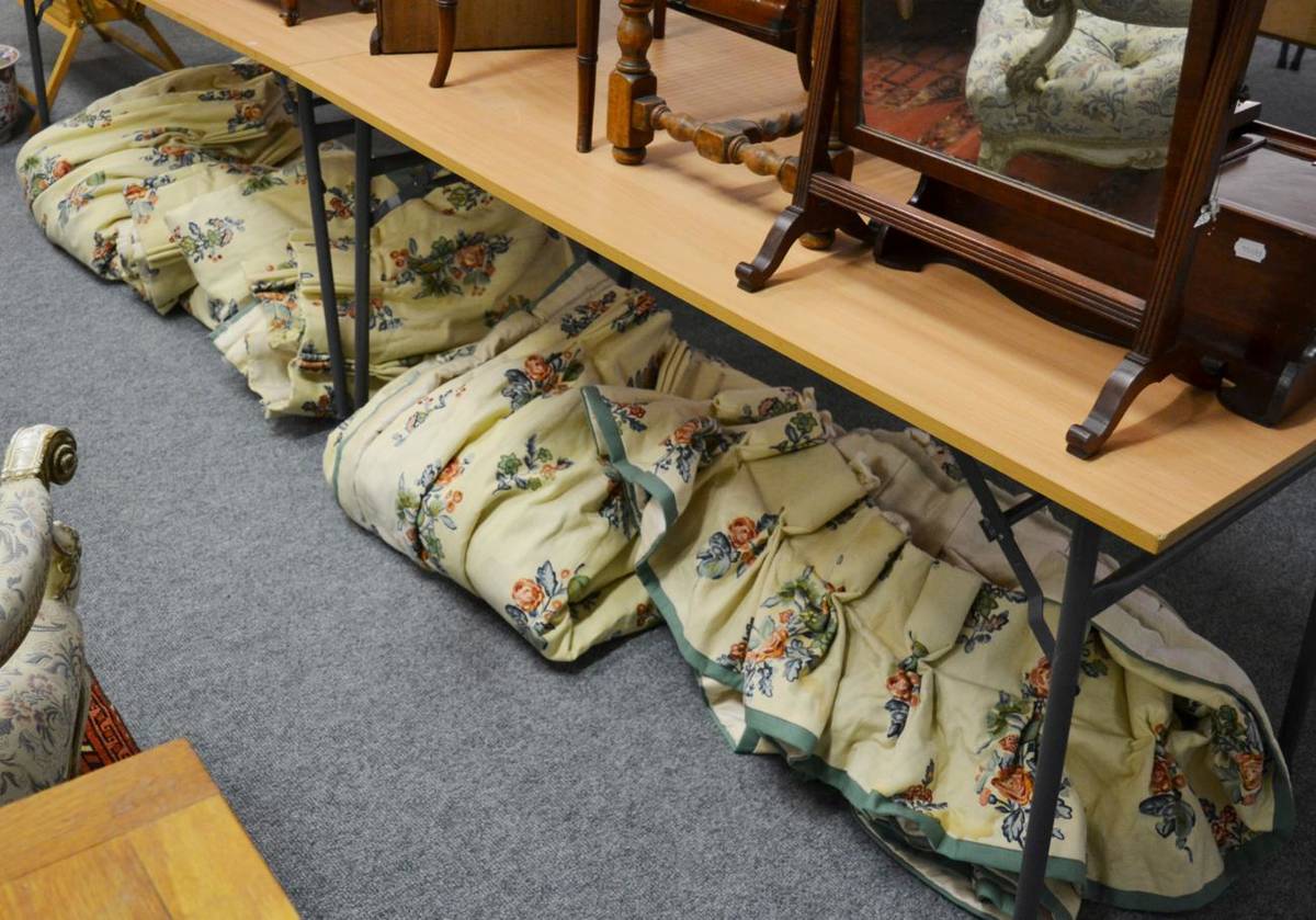 Lot 1208 - Two pair of cream curtains with floral motifs and trimmed in green, fully lined and interlined,...