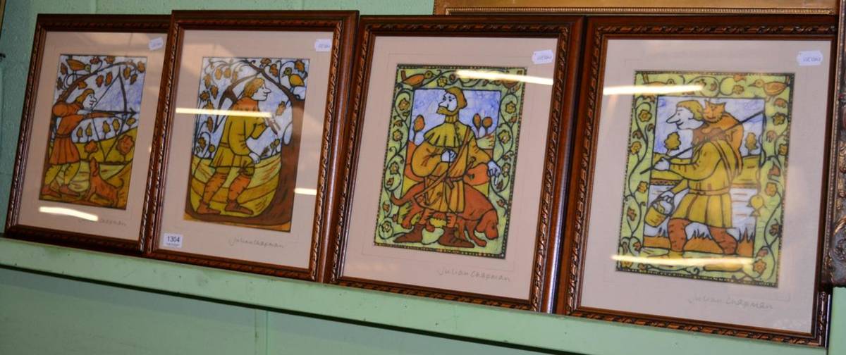 Lot 1304 - Julian Chapman (20th century), A set of four Batik prints of medieval characters, signed in...