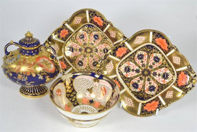 Lot 9 - A pair of Royal Crown Derby Imari lozenge form dishes pattern 1128, 23cms, a similar bowl...