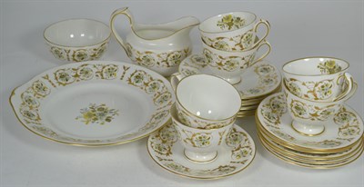 Lot 12 - A Royal Crown Derby gilt highlighted part tea set for six place settings comprising; tea cups,...