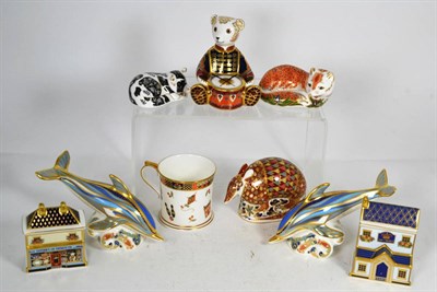 Lot 19 - Six Royal Crown Derby paperweights comprising two blue striped dolphins, Drummer bear,...
