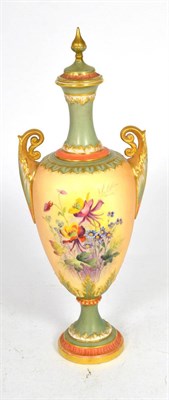 Lot 26 - A Royal Worcester blush ivory floral painted twin handled vase and cover, shape number 999,...