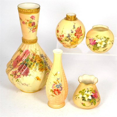 Lot 29 - Five various Royal Worcester floral painted blush ivory vases, various dates circa 1890/1900