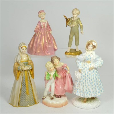Lot 31 - Five Royal Worcester figures; The Parakeet, model number 3087; Grandmother's Dress, model...