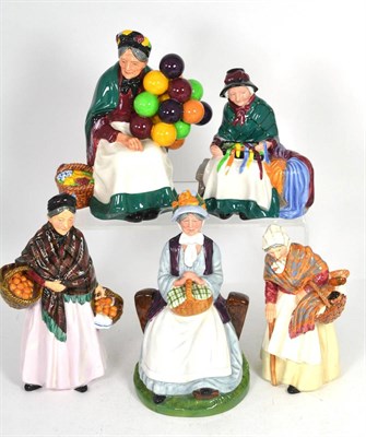 Lot 50 - Five Royal Doulton figures 'The Orange Lady' HN1759, 'Silks and Ribbons' HN2017, 'The Old...