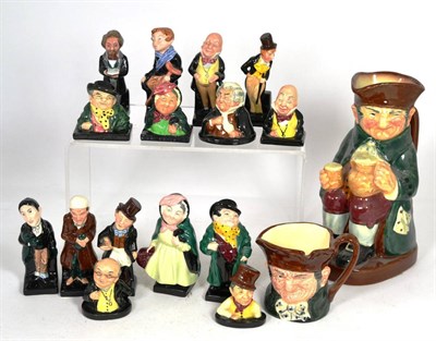 Lot 54 - Nine Royal Doulton figures: Charles Dickens HN3448, Tiny Tim, Stiggins, Scrooge, Trotty Veck,...