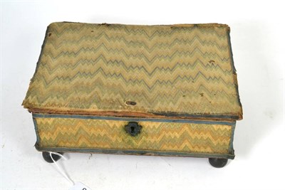 Lot 88 - An 18th century hinged workbox, mounted in bargello flame stitch panels, edged with blue ribbon, on
