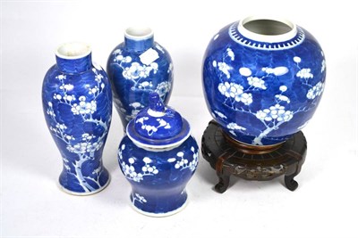 Lot 101 - Two Chinese blue and white prunus and cracked ice vases, a similar jar and cover and ginger jar...
