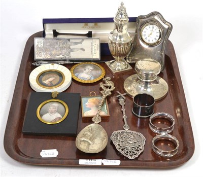 Lot 104 - Two Dutch silver spoons, silver caster, silver caps and inkwell, silver gilt handled paper...
