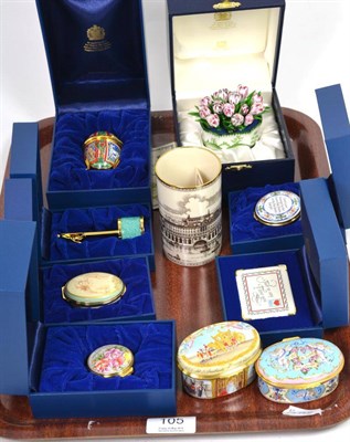 Lot 105 - A collection of Halcyon days enamels including six trinket boxes, a floral bomboniere and small...