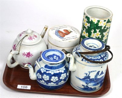 Lot 108 - A group of Chinese porcelain comprising three teapots, a sleeve vase and a box and cover