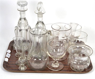 Lot 143 - Pair of 19th century glass decanters and stoppers, etched beaker, three glass rummers, cut...