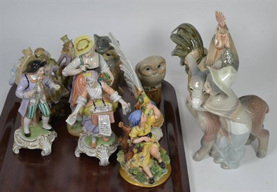 Lot 147 - A tray of Continental porcelain figures and models including a Lladro boy and donkey