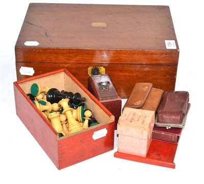 Lot 154 - A box of chess pieces, a leather card case, a writing box, opera glasses etc