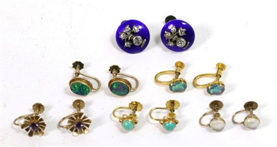 Lot 161 - A pair of black opal earrings, stamped '10K'; a pair of moonstone earrings, a pair of turquoise...