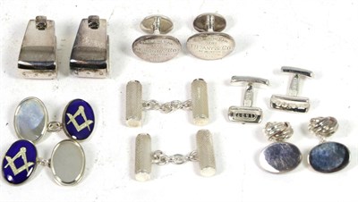 Lot 168 - A pair of silver blue enamel Masonic double oval cufflinks; a pair of stiff bar cufflinks,...