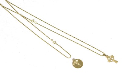 Lot 176 - A 9 carat gold Celtic cross pendant on a 9 carat gold chain, 51.5cm long; and a 9 carat gold...