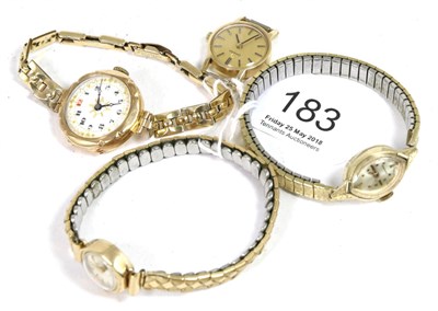 Lot 183 - A ladies 9ct gold wristwatch, signed Omega, a ladies wristwatch, signed Longines, case stamped...