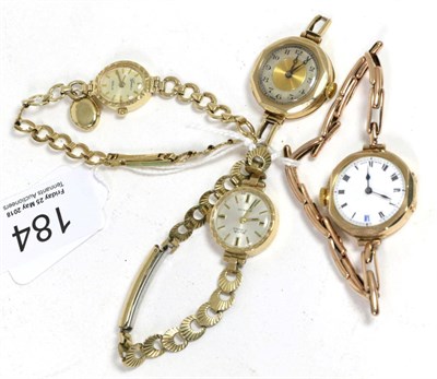 Lot 184 - Four ladies 9ct gold wristwatches, signed Avia and Geneve, two unsigned, (4)
