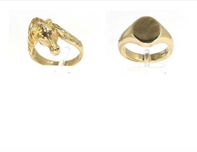 Lot 190 - A 9 carat gold signet ring, finger size S and a 9 carat gold horse motif ring, finger size P (2)