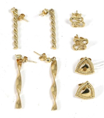 Lot 192 - Four pairs of 9 carat gold earrings, comprising two pairs of twisted bar drop earrings and two...