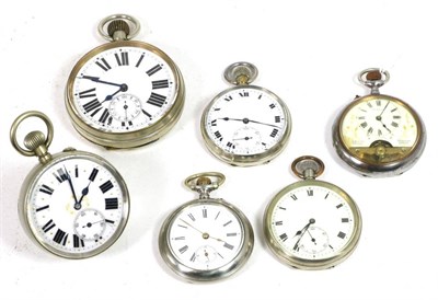 Lot 210 - Four nickel cased open faced pocket watches, desk timepiece with a magnified glass back and a...