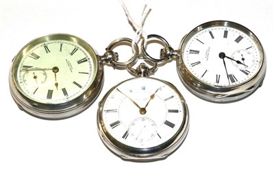 Lot 212 - Three silver open faced pocket watches, lever movements signed H.Stone, Leeds and two signed...