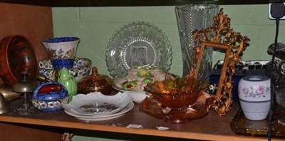 Lot 215 - Four pieces of Maling ware, carnival glass, a Queen Victoria 1887 Jubilee glass plate, a table...