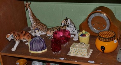 Lot 216 - Three USSR ceramic animals, a cranberry glass bowl and jug, a glass vase, a Carlton ware jar...