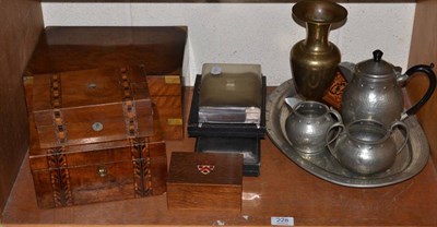 Lot 228 - A Victorian brass bound writing slope, flatware, brass coal box, boxes etc