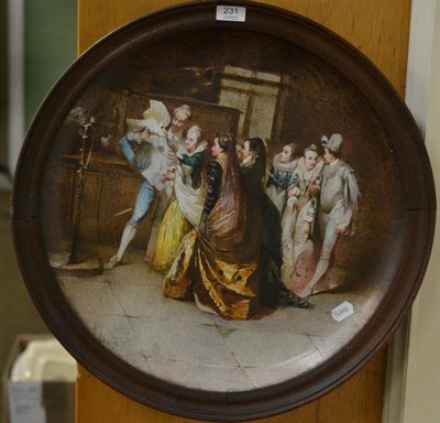 Lot 231 - A large ceramic plaque depicting an interior figural scene, oak frame