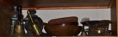 Lot 236 - A Victorian beadwork footstool, three circular wooden bowls, a warming pan, kitchen scales, a brass