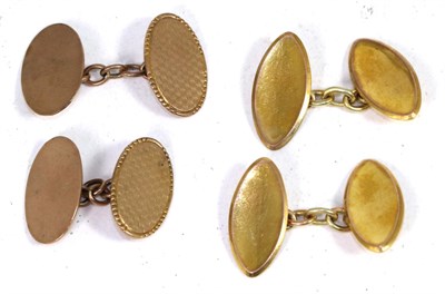 Lot 263 - A pair of 9 carat gold double tapered oval cufflinks and a pair of 9 carat rose gold engine...