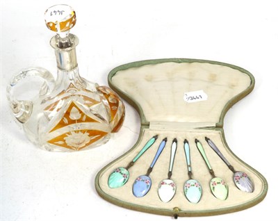 Lot 267 - A Bohemian glass amber overlay decanter and stopper with silver collar stamped 800; also a set...