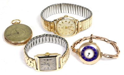 Lot 270 - A 9ct gold square shaped wristwatch, a 9ct gold cushion shaped wristwatch signed Cyma, a lady's 9ct